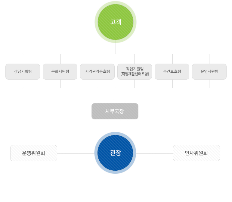 고객 ▷ 상담기획팀, 문화지원팀, 지역권익옹호팀, 직업지원팀(직업재활센터포함), 주간보호팀, 운영지원팀 ▷ 사무국장 ▷ 관장, 운영위원회, 인사위원회